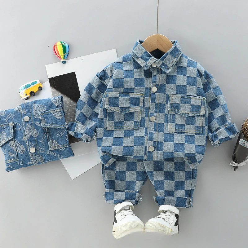 

2023 Autumn Kids Clothes Set Fashion Plaid Heart Denim Outfit Lapel Collar Coat Pants 2PCS Boys Suits