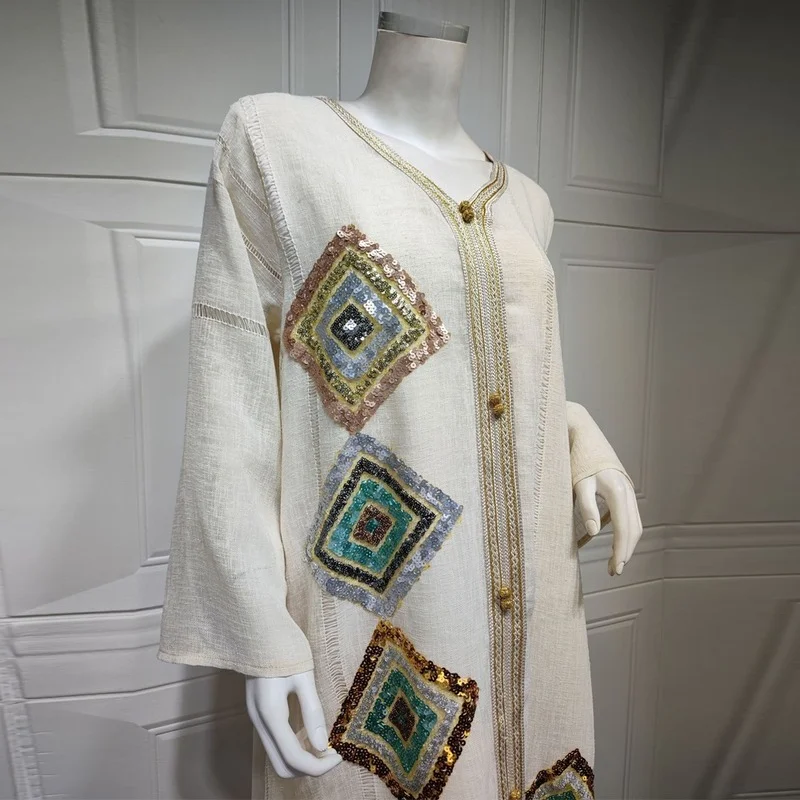 White Abayas For Women Dubai 2022 Ramadan Kaftan Arabe Luxury Sequin Long Sleeve Dress Robe Musulmane Djellaba Femme Boubou