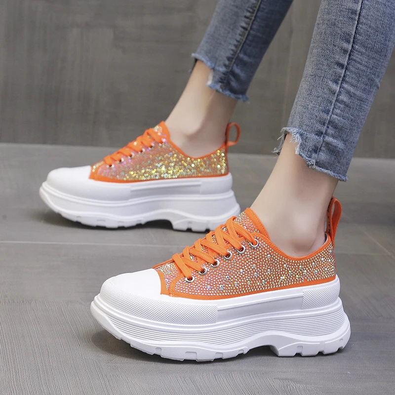 

Женские кроссовки на высокой платформе, повседневные холщовые кроссовки на массивной подошве, дышащие, со стразами, для летнего сезона 2022