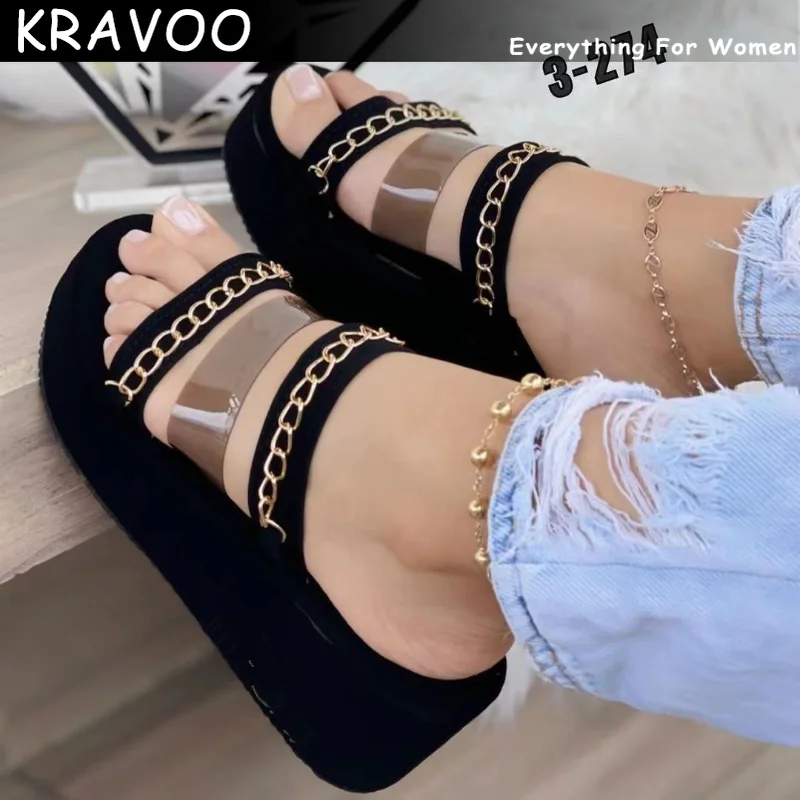 

KRAVOO 36-43 High Heels Women Shoes Platform Peep Toe Casual Slippers Wedges Sandals Women's Narrow Band Chain Beach Slides 2023