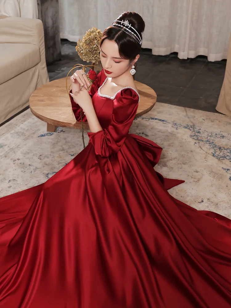 

Elegant Square Neck Long Sleeve Evening Dress Burgundy Satin Back Big Bow Sweet Princess Empire A-line Long Homecoming Gonws