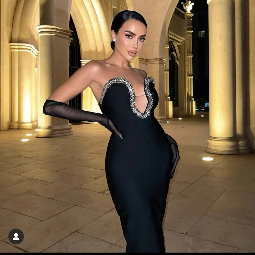 New Summer Women's Sexy Strapless Sequined Diamond V-Neck Bodycon Bandage Long Dress Elegant Celebrity Club Party Dresses