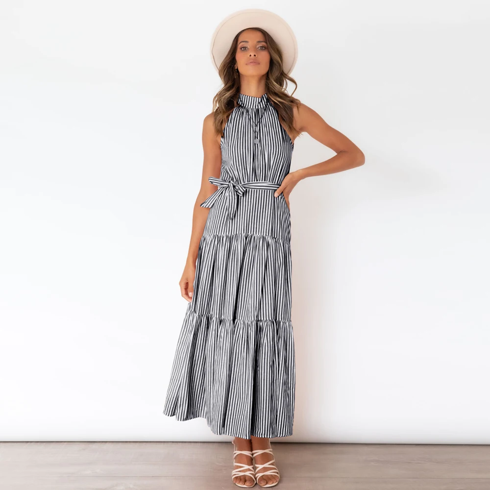 

Summer Elegant Dresses For Women 2022 Black Striped Print Sleeveless Long Dress Women Slim Halter Beach Maxi Dress Lady Vestidos