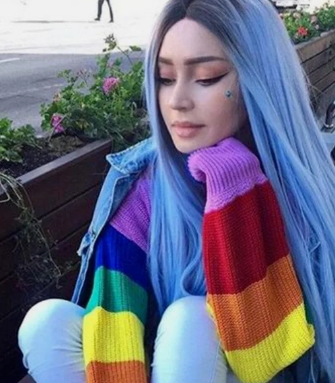 Небесно-голубой парик с темными корнями длинные прямые синтетические волосы