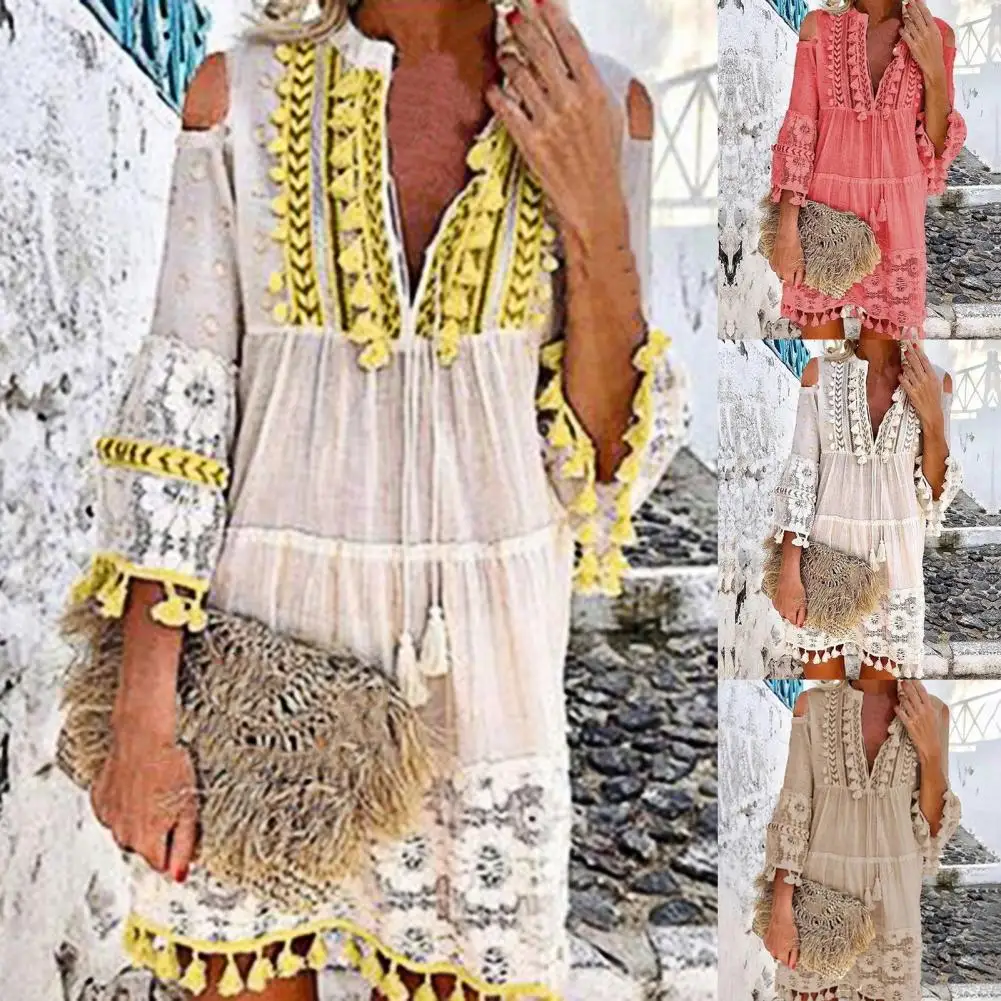 

Stylish Shift Dress Sweet Party Dress High Waist High Waist Bohemian Short Dress Off Shoulder