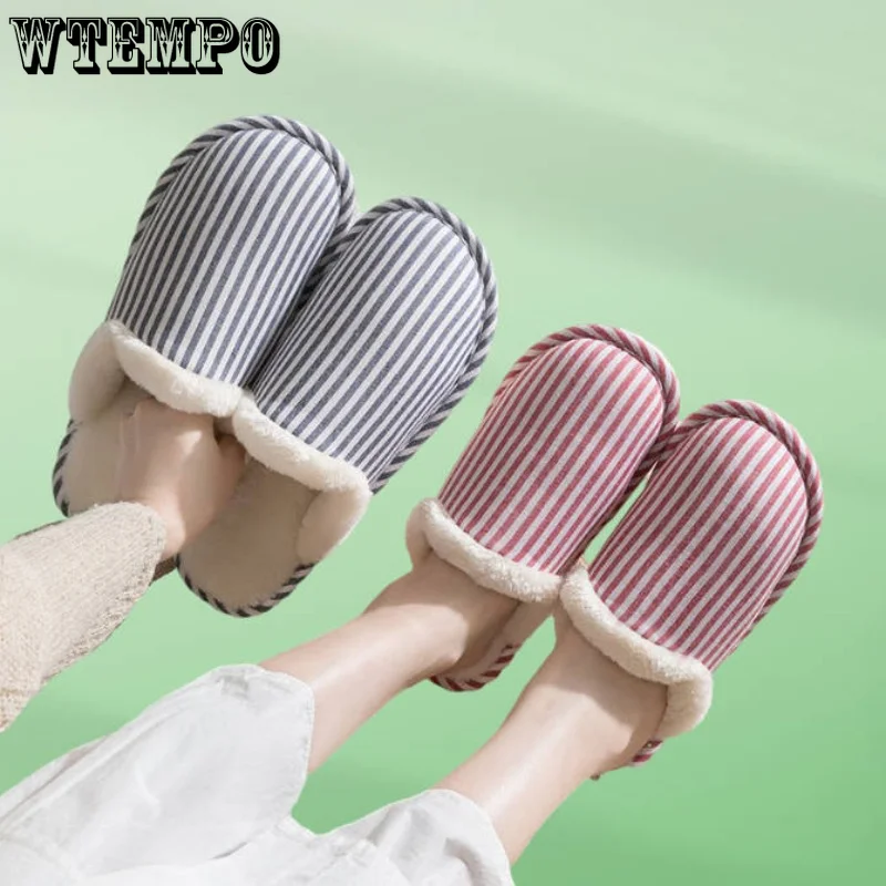 WTEMPO Striped Cotton Slippers Autumn Winter Warm Non-slip Plush Slides Indoor Soft Silent Cotton Shoes for Couples Wholesale