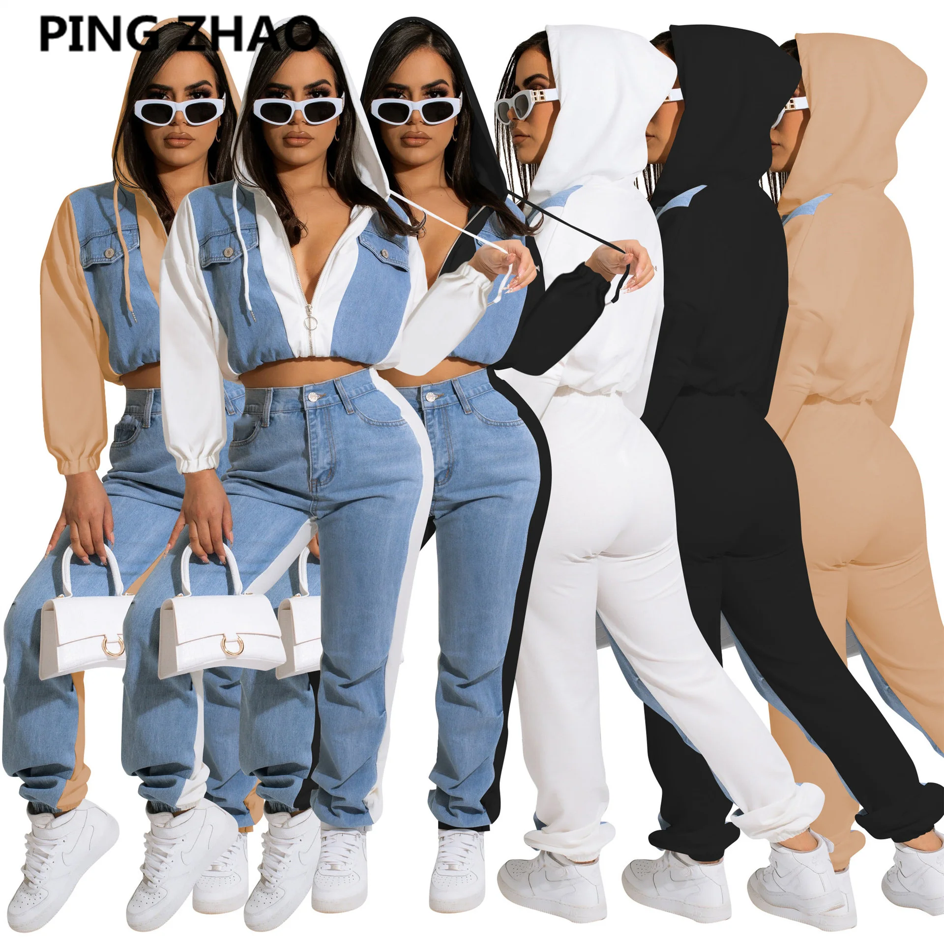 

PING ZHAO Denim Patchwork Women Two Piece Set Outfit 2022 Fashion Zipper Hooded Tops and Jogger Pants Matching Set Tracksuit