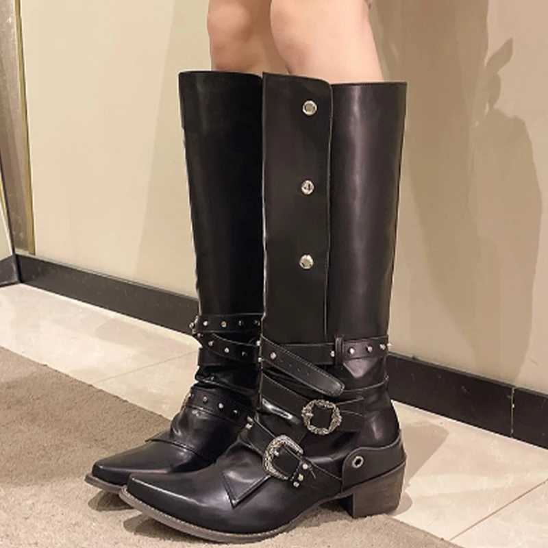 

Женские длинные сапоги Челси до колена, с острым носком, на среднем каблуке, новинка зимнего сезона 2024, дизайнерская обувь, модные женские сапоги