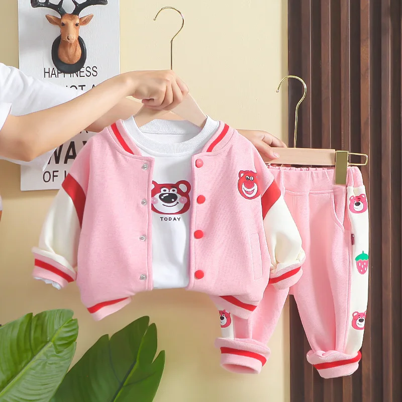 

Демисезонная одежда для маленьких девочек от 18 до 24 месяцев, 2023, кардиган с мультяшным рисунком, бейсбольная куртка + белая футболка + штаны, комплект одежды для девочек