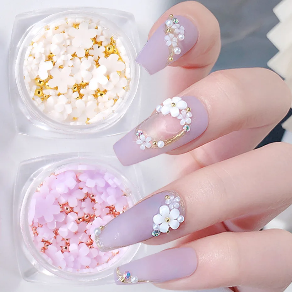 

5g Acrylic Flower Nail Art Decoration Mixed Size Pink White Rhinestones Silver Gem Manicure Tool Accessories for DIY Nail Design