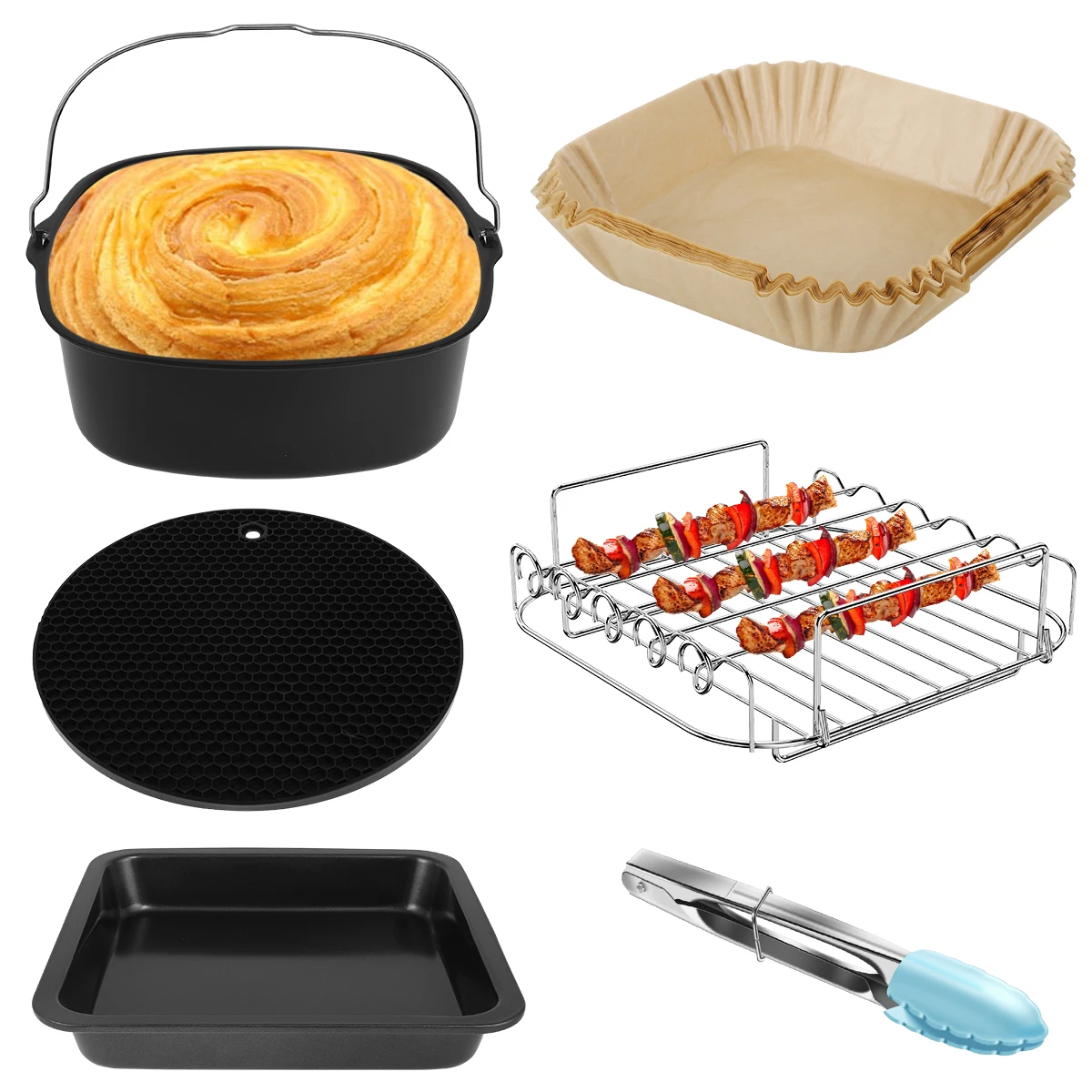

L 6 Pcs Air Fryer Accessories Set Reusable Silicone Air Fryer Pads Stainless Steel Skewer Rack and Skewers Non-Stick Coating