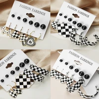 fashion new personality black earrings c shaped earrings set 6 pairs of black and white checkerboard earrings set