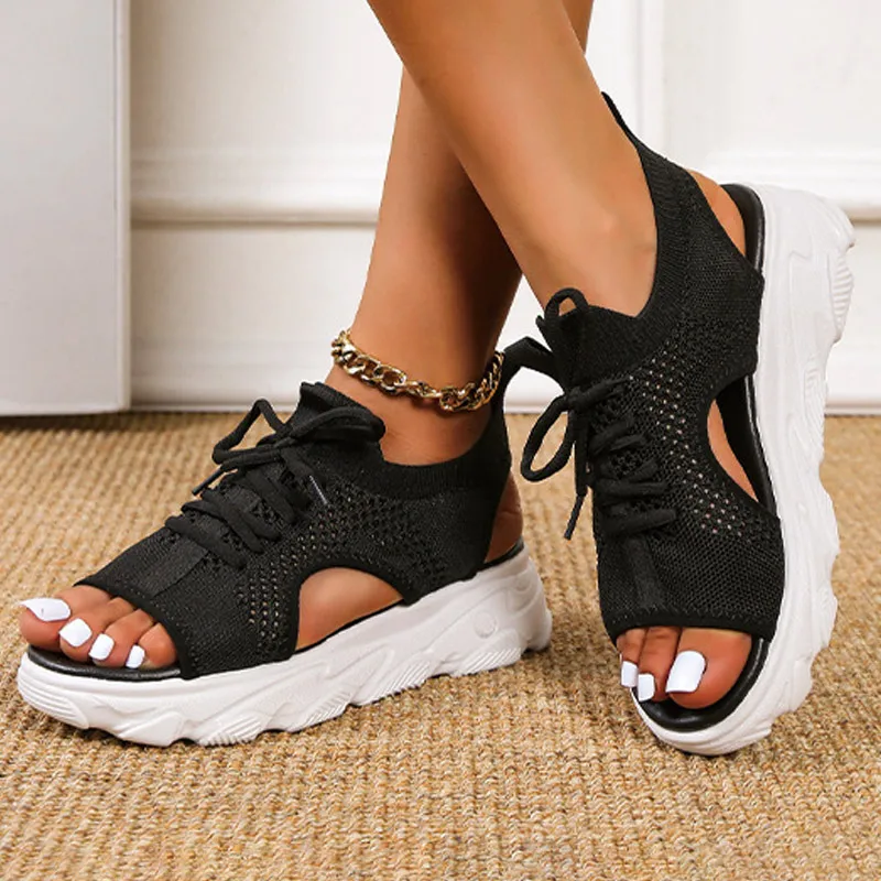 

Women's Summer Sandals Ladies Knitted Casual Sneakers Shoes Thick Soled Shoes Fashion Lace Up Sandals Solid Casual Beach Shoes