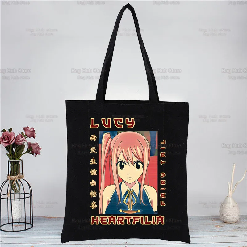 

Anime Fairy Tail Cartoon Natsu Erza Gray Lucy Canvas Black Shopping Tote Bag Reusable Shoulder Cloth Book Bag Gift Handbag