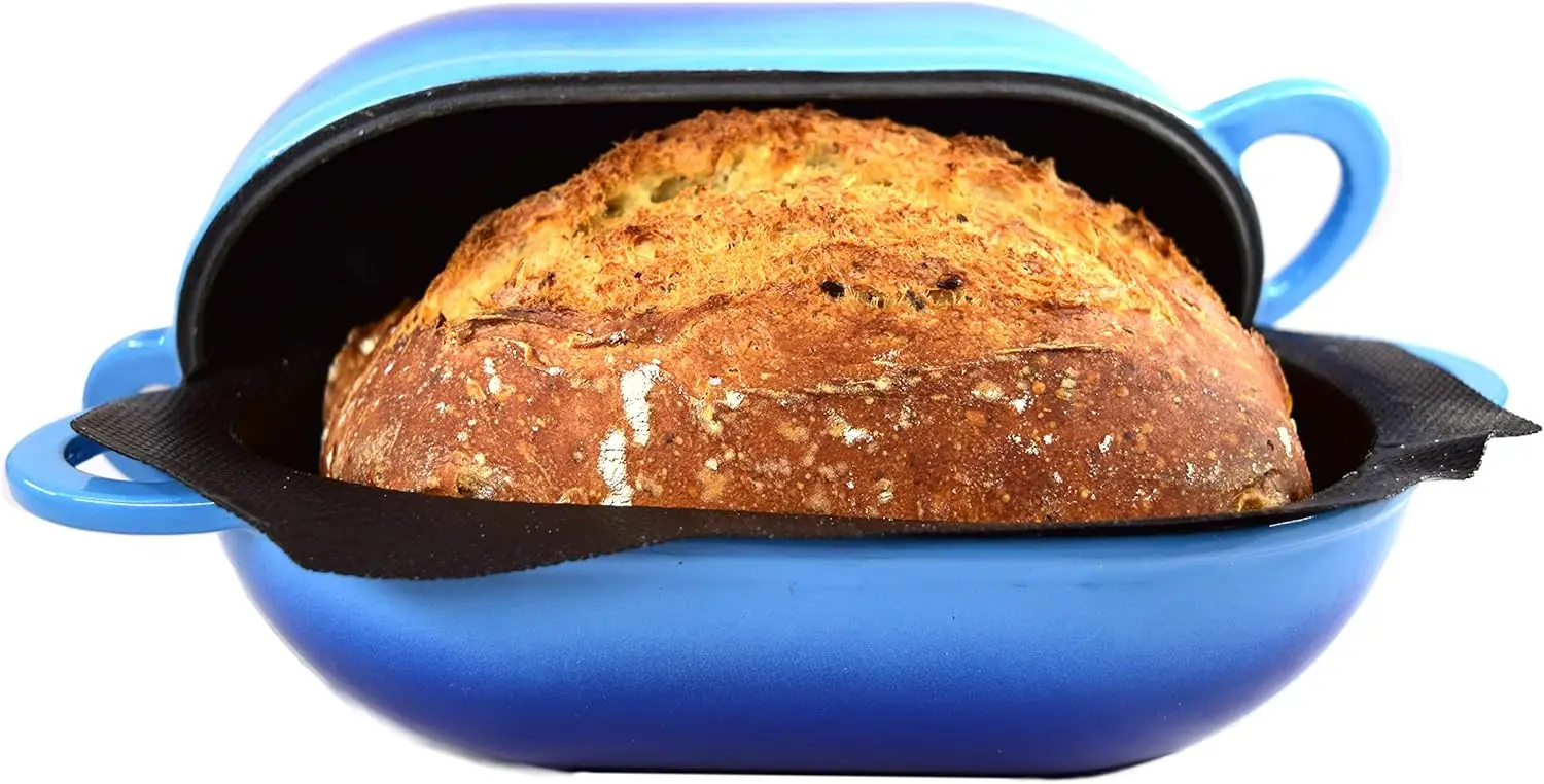 

Easy Artisan Bread Kit. Cast Iron Dutch Oven [Blue Gradient] and Perforated Non-Stick Silicone Liner. in square cake pan Alumin