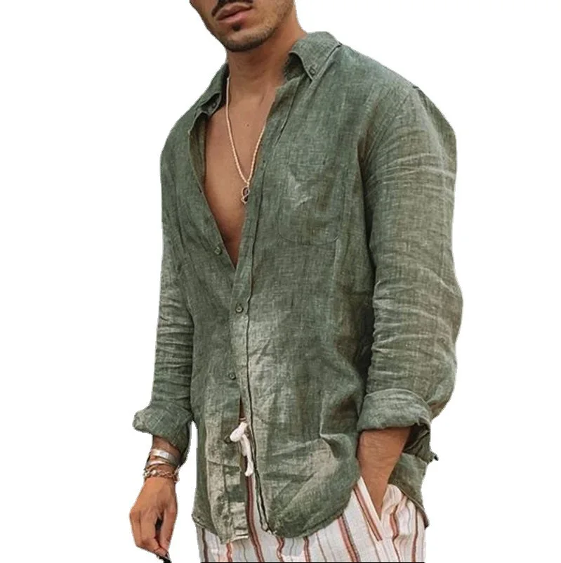 Mattswag Cotton Linen Solid Color Long Sleeve For Men Spring Autumn Fashion Breathable Men's Clothing Casual Loose Camisa Hombre