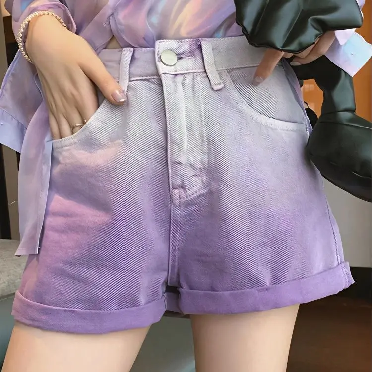 Women's Denim Shorts Tie Dye Jeans Mini Cute Pink Short Pants for Woman To Wear Kawaii Offer Free Shipping Outdoor Aesthetic Hot