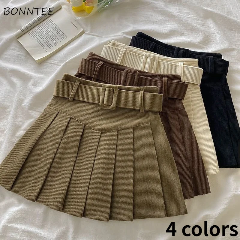 

Pleated Mini Skirts Women Japan Students Corduroy Preppy Style Autumn Winter Basic Solid Bottoms Chic Vintage JK Slim All-match