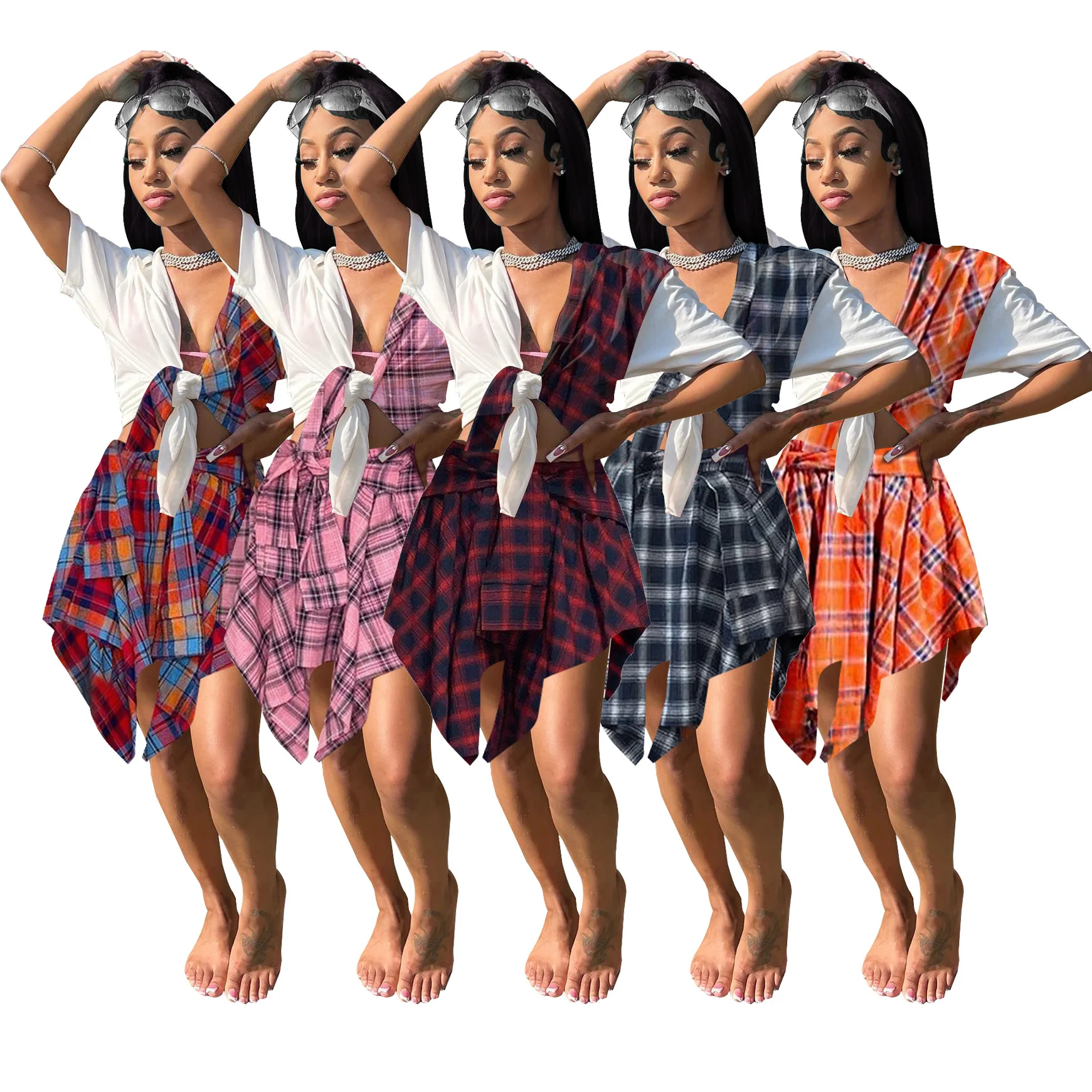 

Женский клетчатый костюм из двух предметов, повседневный клетчатый топ на шнуровке с асимметричной юбкой, летний комплект из двух предмето...