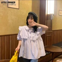korean sweet fluffy ruffle blouse women vintage puff sleeve temperament shirts fashion o neck simple loose all match tops