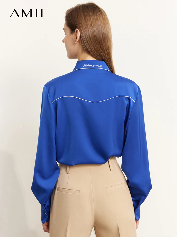 AMII Minimalism Shirts Women Autumn 2022 New Panelled Design Satin Long Sleeve French Style Klein Blue Clothing Tops 12270283