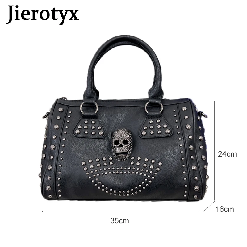 JIEROTYX Trendy Metal Skull Studded Black Handbags Gothic Rivet Womens Purse Satchel Handbag Shoulder Bags Large Capacity