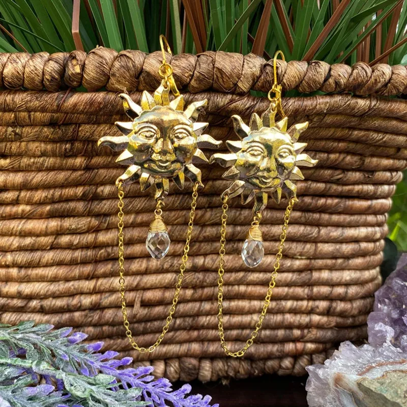 

Gold Sun Crystal Chandelier Earrings Gypsy Goddess Bohemian Hippie Celestial Earrings Witch Metaphysical Charm Jewelry