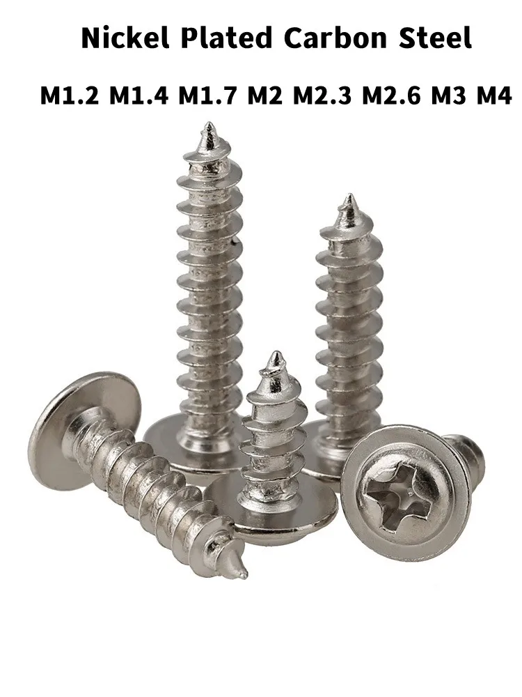 

M1.2 M1.4 M1.7 M2 M2.3 M2.6 M3 M4 Nickel Plated Cross Phillips Pan Round Head With Washer Collar Self Tapping Wood Screw DIN968