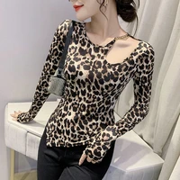 2022 spring autumn leopard print fleece t shirt sexy irregular clothing corners for female o neck long sleeve tops casual shirt
