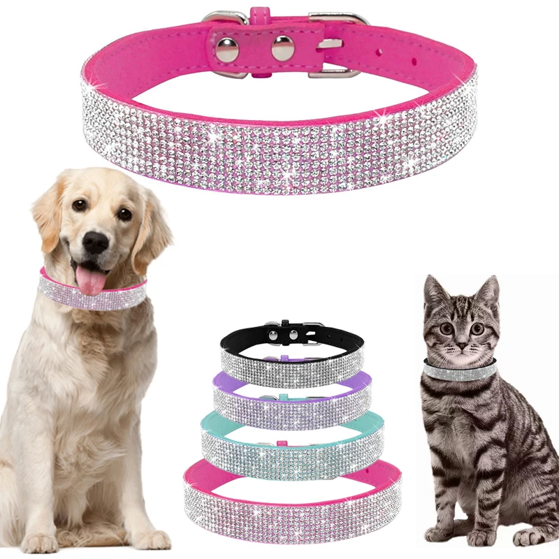 

For Cats Yorkshire Chihuahua Rhinestone Adjustable Small Cat Puppy Bling Kitten Leather Collar Pug Bowknot Dogs Medium Collars