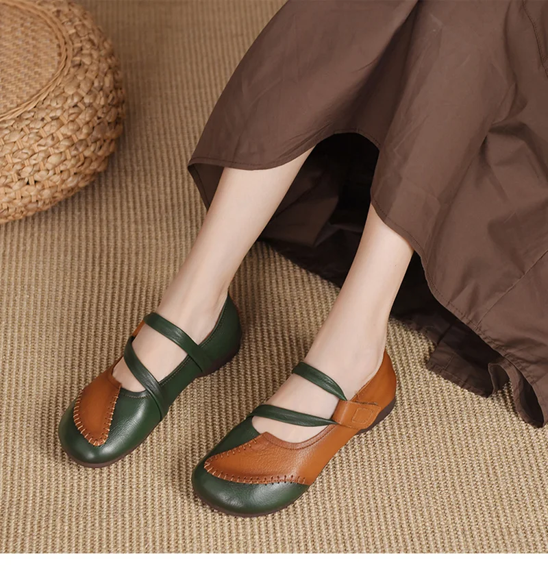 Women Shoes Flats 2022 Trand Mary Jane Elegant Retro Fashion Barefoot Comfortable Leather Stitching Female Ethnic Style Loafers