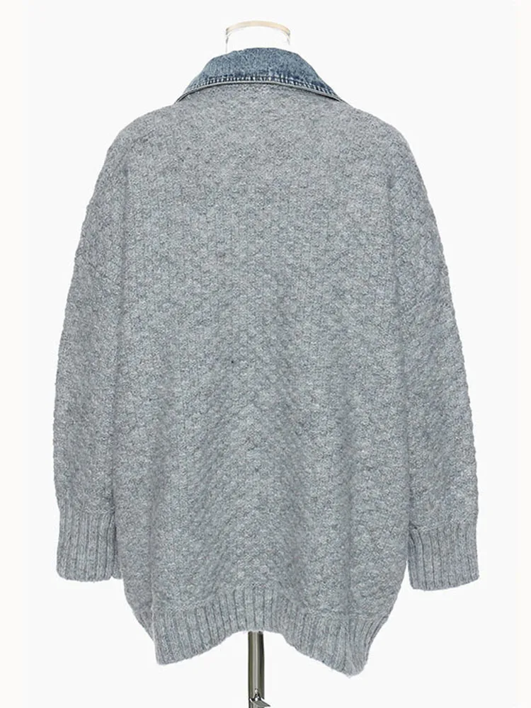 [EAM] Свободная вязанная джинсовая куртка большого размера Новое Женское пальто с