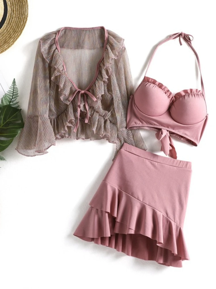 

Two Piece Swimsuit for Women 2022 Bikini Split Three Piece Conservative Cover Belly Swimsuit Korean Bikini Two Pieces Nylon