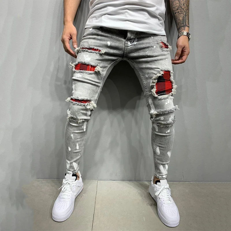 wish European and American men's new slim ripped pencil pants printed jeans Youth leisure vacation trend all-match trousers