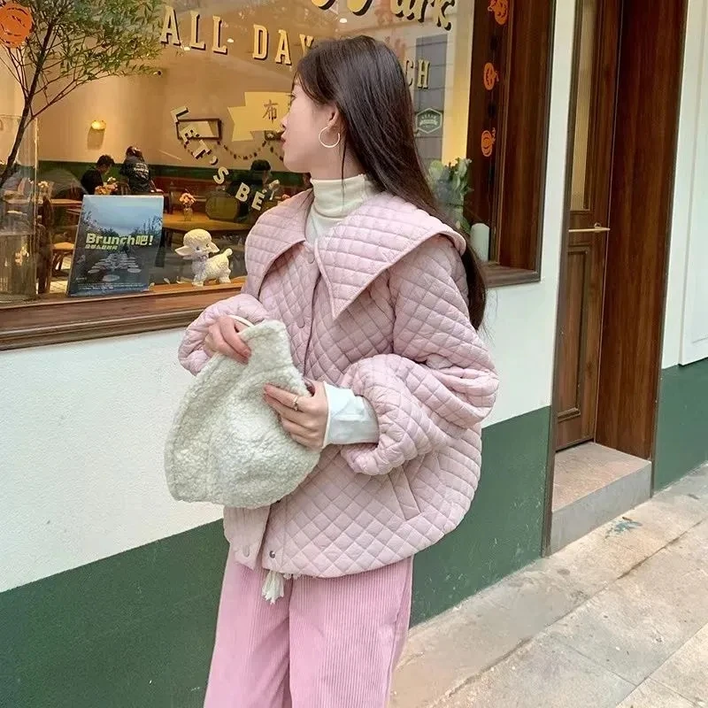 Vintage Long Sleeves Parka Mujer Single-breasted Belt Outerwear 2023 Winter Padded Jacket Women Lingge Quilted Doll Collar Coat