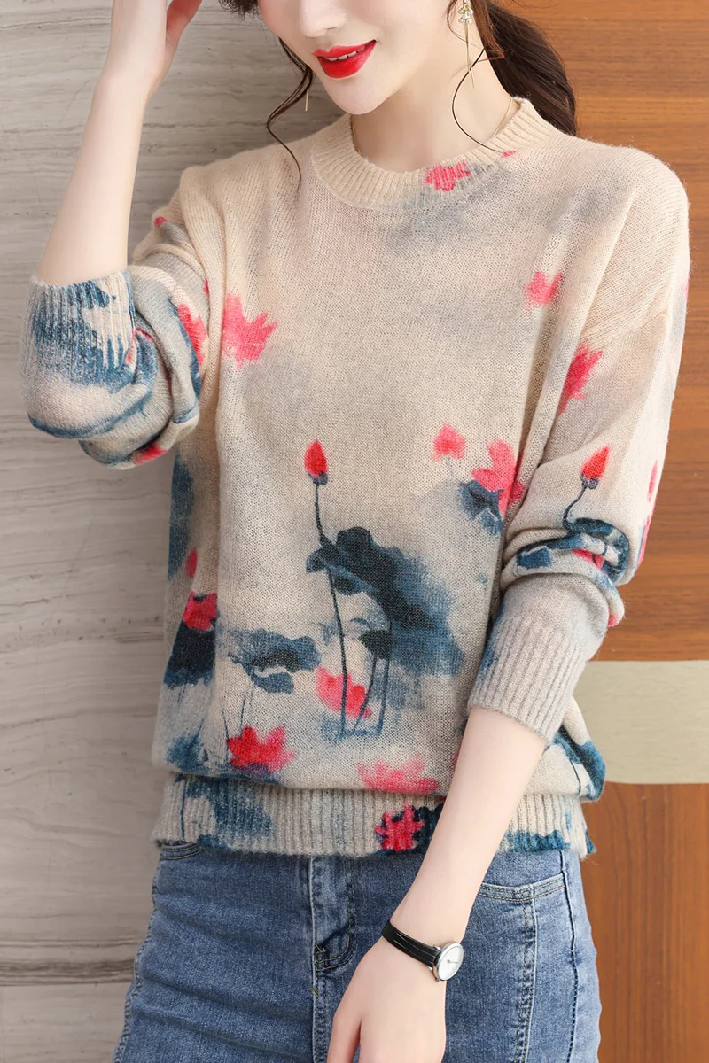 

Женский трикотажный свитер с принтом, Модный мягкий тонкий пуловер с длинным рукавом и воротником-стойкой в Корейском стиле на весну и осень
