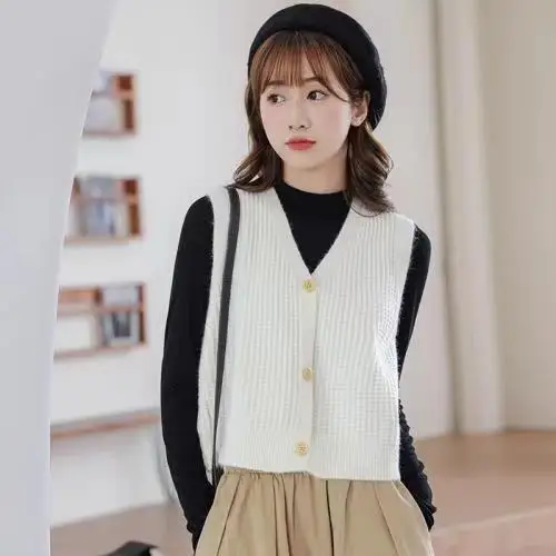 

Корейский женский свитер, жилет, однобортный короткий свитер с V-образным вырезом, милые весенние вязаные топы без рукавов для девушек, T38