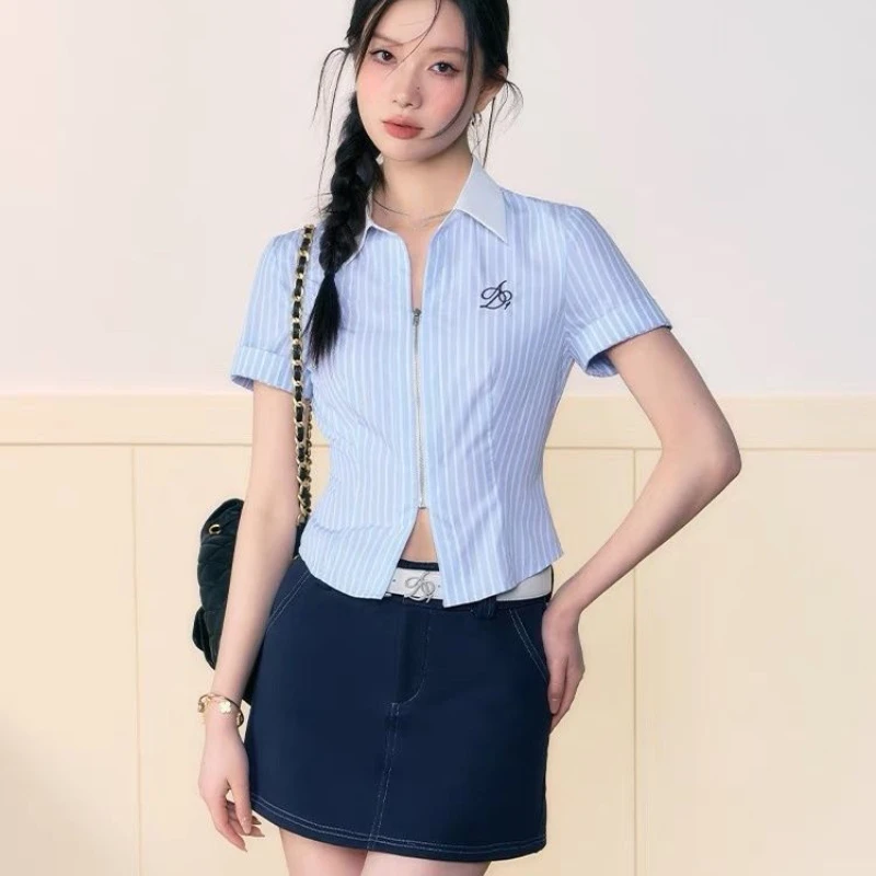 

Hikigawa Summer Turn Down Collar Chic Fashion Blouse Short Sleeve Striped Shirt Zipper Office Casual Tops Blusas Mujer De Moda