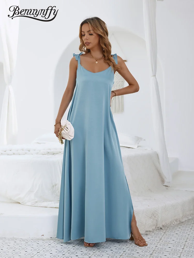 

Женское однотонное платье без рукавов Benuynffy, Элегантное летнее платье-макси с V-образным вырезом, Длинное свободное платье с разрезом, 2022