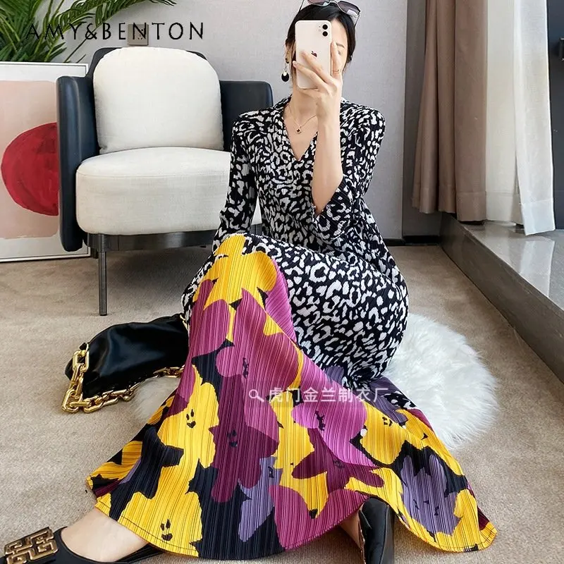Pleated Retro Evening Dress Leopard Print Dress 2023 Spring and Autumn Western Style Long Sleeve Mid-Length Pleated Dress