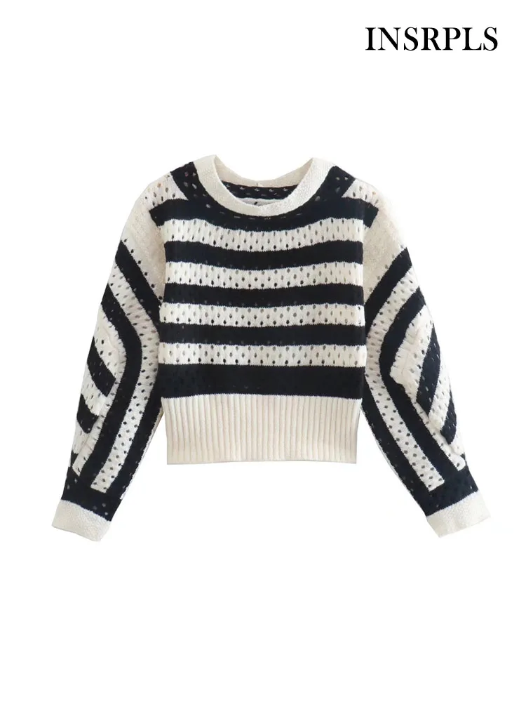 

INSRPLS Women Fashion Striped Loose Crop Pointelle Knit Sweater Vintage O Neck Long Sleeve Female Pullovers Chic Tops