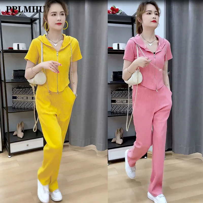 

Корейский спортивный костюм женский, Повседневная Уличная одежда с коротким рукавом, укороченная толстовка на молнии и длинные брюки, кост...