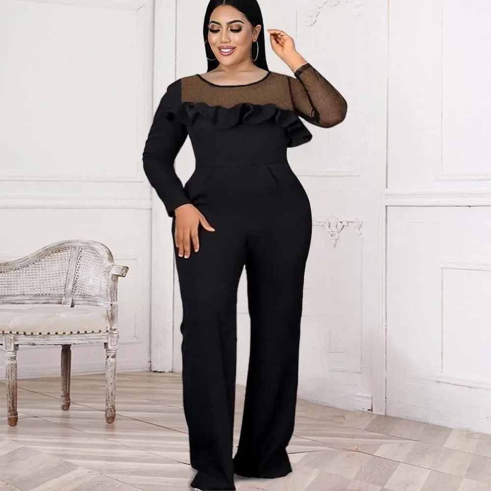 

Jumpsuits Leaf-edged Mesh Paneled Long-sleeved Fashion Flared Trousers Jumpsuit OL Commuter Nightclub Party Women's Clothing