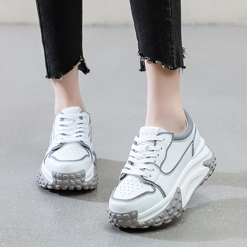 Fashion 6cm 2023 New Genuine Leather Platform Wedge Casual Chunky Sneakers Women High Brand Spring Autumn Vulcanize Woman Shoes