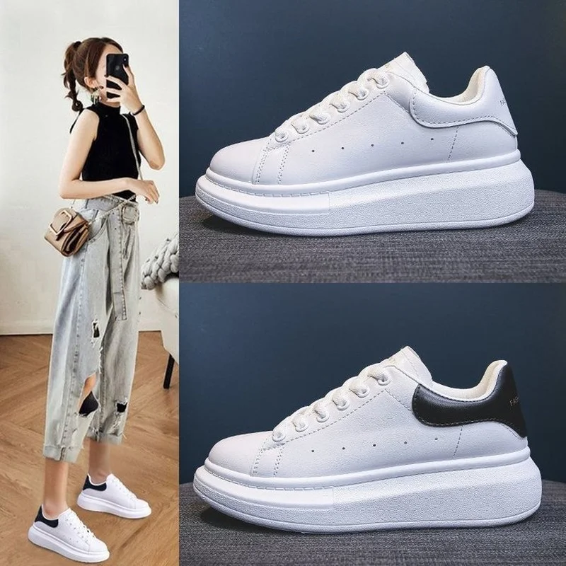 

2022 White Shoes Women Fashion Round Toe Platform Shoes Size 43 Casual Shoes Women Lace Up Flats Women Loafers Zapatos Mujer