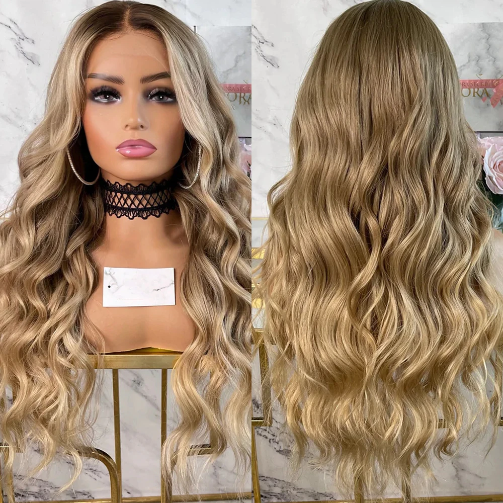 Honey Blonde Highlight Wavy Full Lace Wig Brazilian 100% Human Hair Wigs with Dark Roots 13x6 HD Transparent Lace Front Wig 180