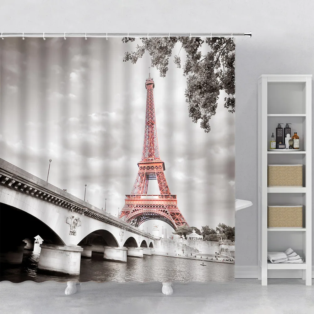 

Paris Tower City Landscape Shower Curtain Set Hook Hanging Cloth Modern Home Decor Bathroom Curtain Polyester Fabric Bath Screen