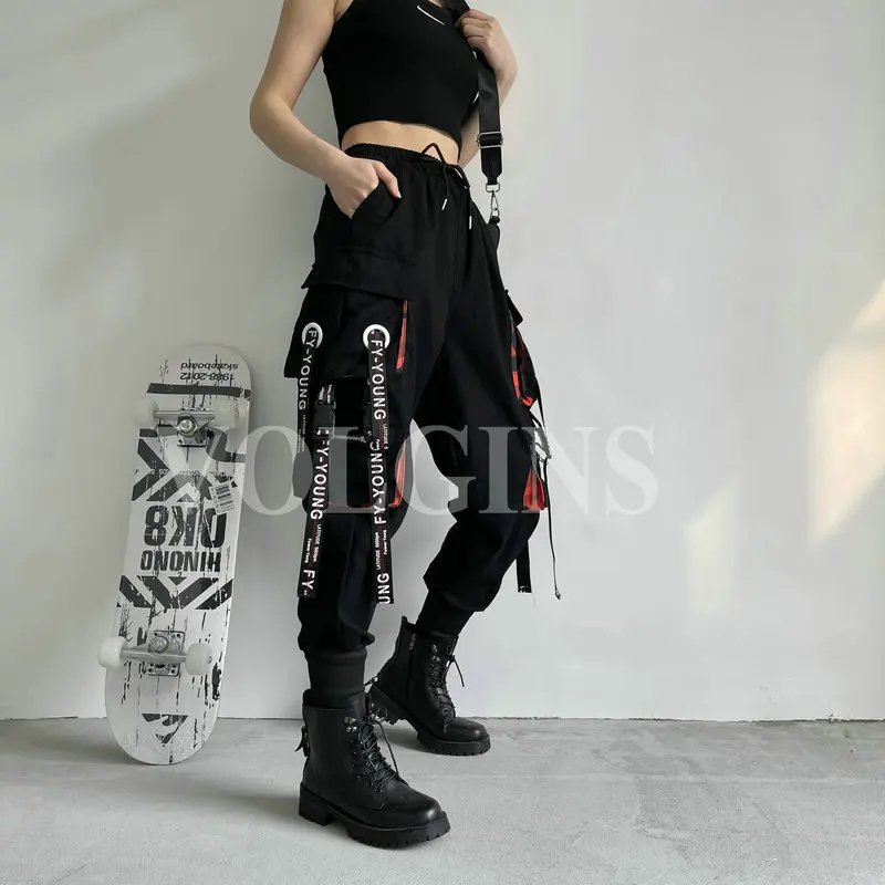 Женские брюки-карго с ленточным карманом джоггеры эластичной талией уличная