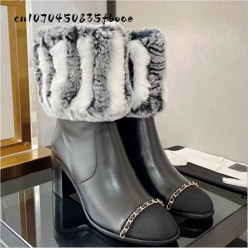 

New Women's boots High Heels Plush Genuine Leather Thick Heel High Quality Luxury Mixed Color Metal Decoration