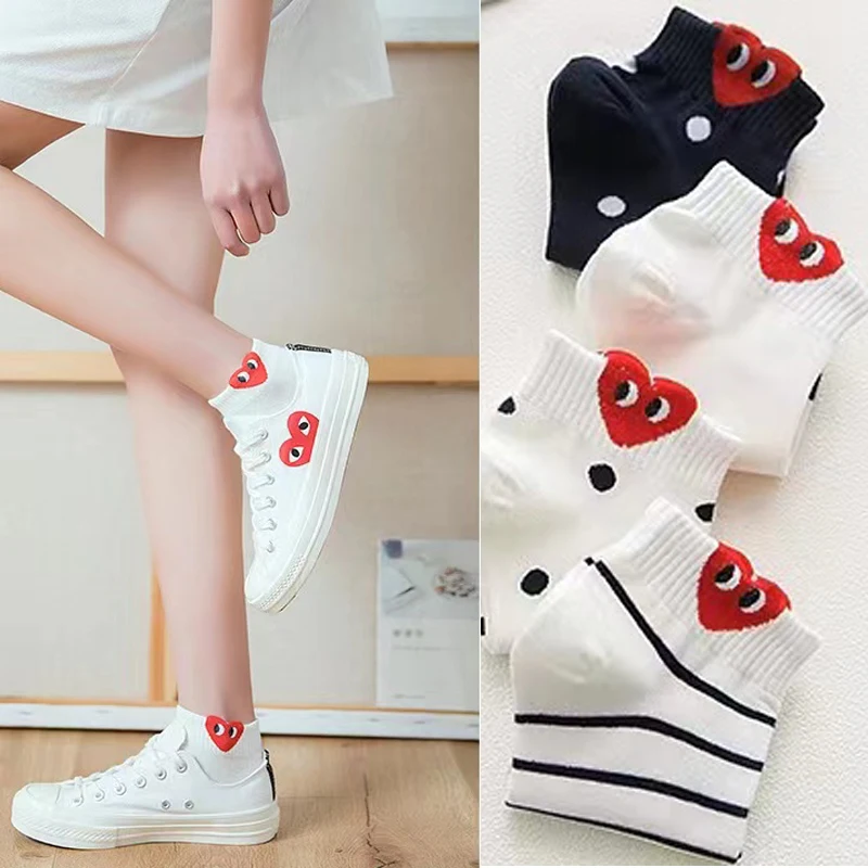 

Cotton Embroidery Simple Women's Socks Kawaii 3D Ear Socks Cute Girls Ankle Socks Ladies Sweet Low Socks Heart Pattern Boat Sock